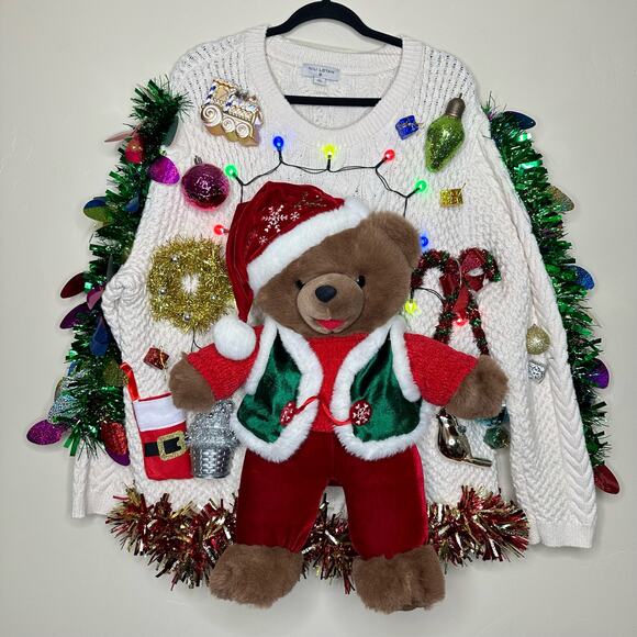 Ugly Christmas Sweater Teddy Bear LIGHTS UP Tacky Tinsel Xmas Party Winner 3X - Picture 1 of 5
